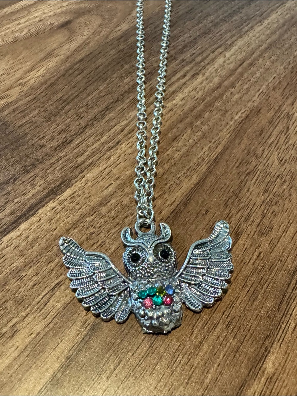 Silver Owl Pendant Necklace with Multicolor Gems - Women Jewelry